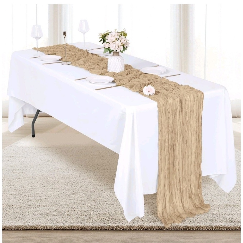 7 Pack Beige Cheesecloth Table Runner 36x116 Inch Semi Sheer Boho Gauze